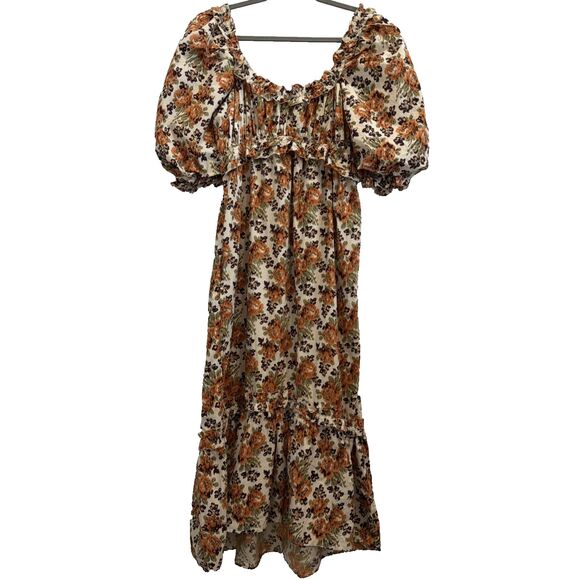 Anthropologie Love The Label Sz M Floral Puff Slv Maxi Dress Earthy Boho Roses - Picture 7 of 16